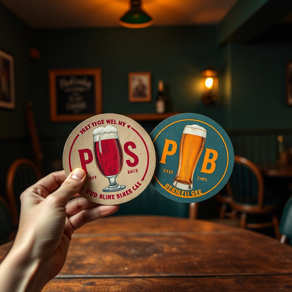 Two pub coasters held side by side
