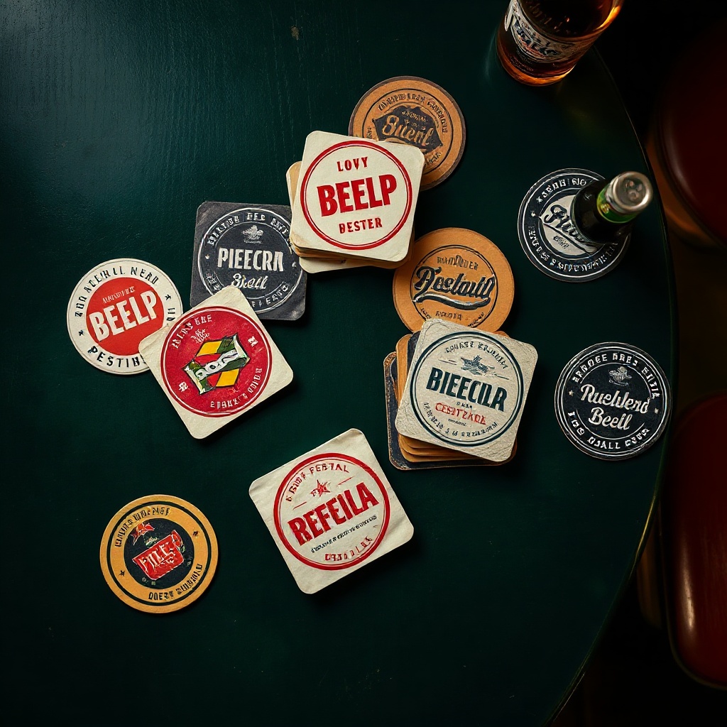 Scattered seasonal beer mats on a bar