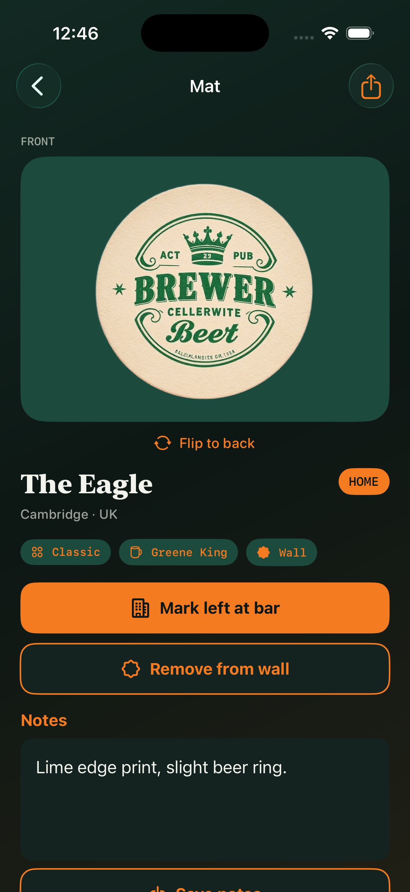 Brewmark mat detail flip-card screen