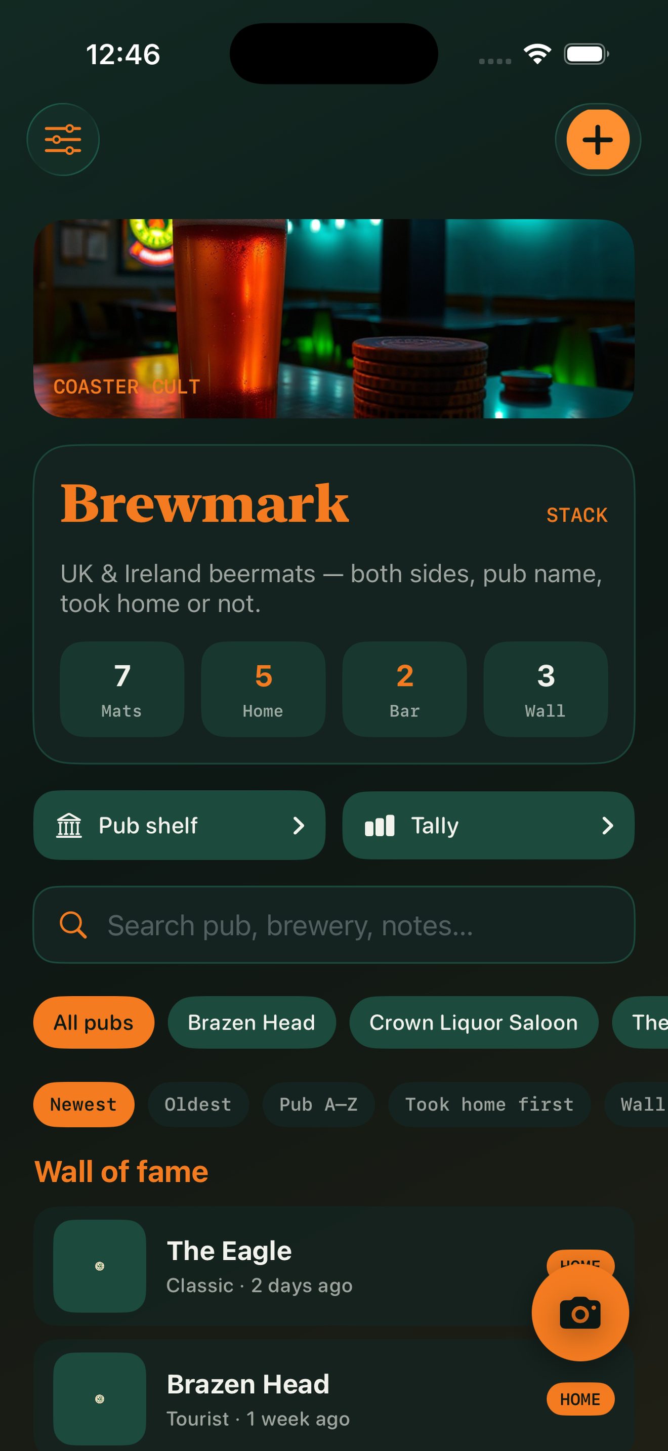 Brewmark stack home screen with coaster grid and pub chips
